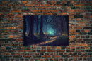 Fireflies light up a mystical fantasy forest at night, framed canvas art, framed print