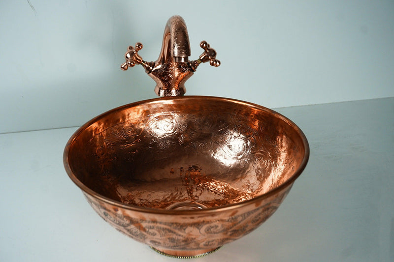 Engraved Handcrafted Copper Vessel Sink Bathroom