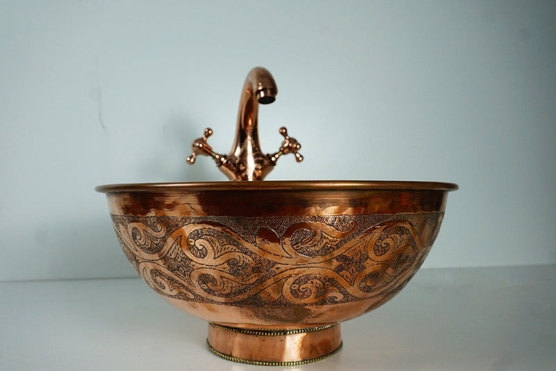 Engraved Handcrafted Copper Vessel Sink Bathroom