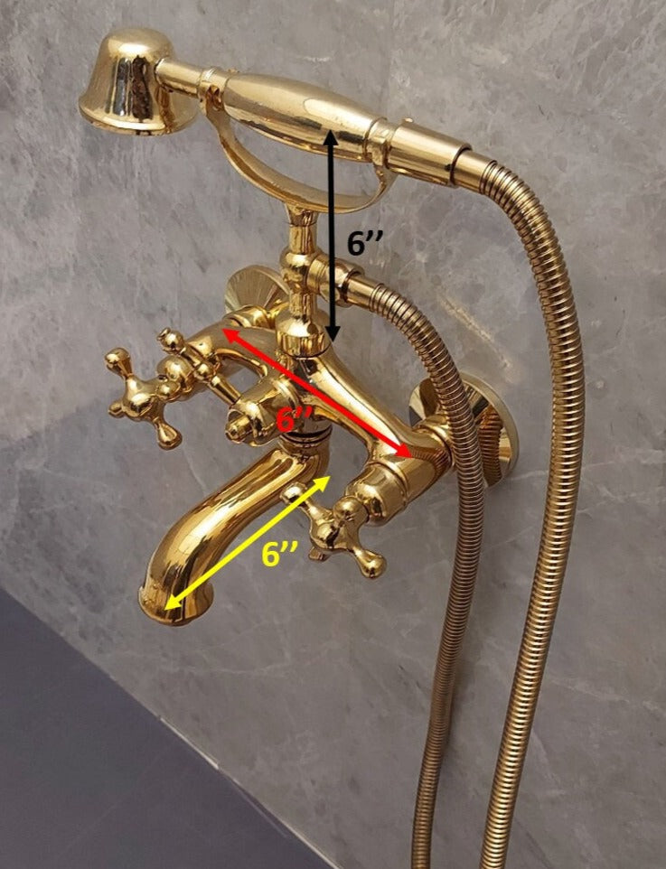 Unlacquered Brass Bathtub Faucet With Handheld Shower Holder - Wall Mounted Tub Faucet