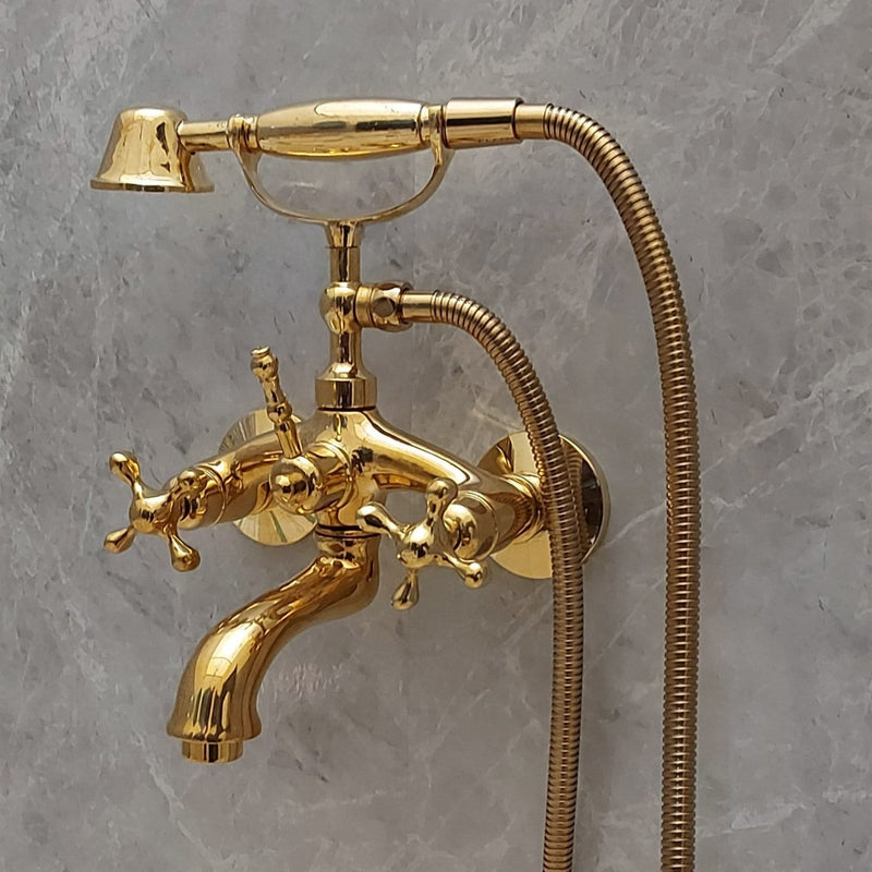 Unlacquered Brass Bathtub Faucet With Handheld Shower Holder - Wall Mounted Tub Faucet