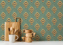 Art Deco Wallpaper with a Fan Motif in Green, Gold, and Black - D053