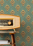 Art Deco Wallpaper with a Fan Motif in Green, Gold, and Black - D053