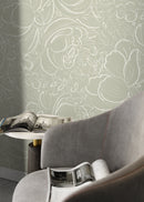Minimalist Scribbled Line Art Floral Wallpaper in Sage Green and White - D055