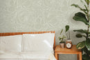 Minimalist Scribbled Line Art Floral Wallpaper in Sage Green and White - D055