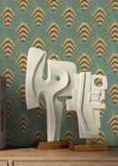 Art Deco Wallpaper with a Fan Motif in Green, Gold, and Black - D053