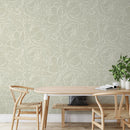 Minimalist Scribbled Line Art Floral Wallpaper in Sage Green and White - D055
