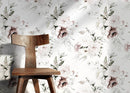 Floral Wallpaper featuring Vintage Peony Blooms in Neutral, Mauve, and Green - D023