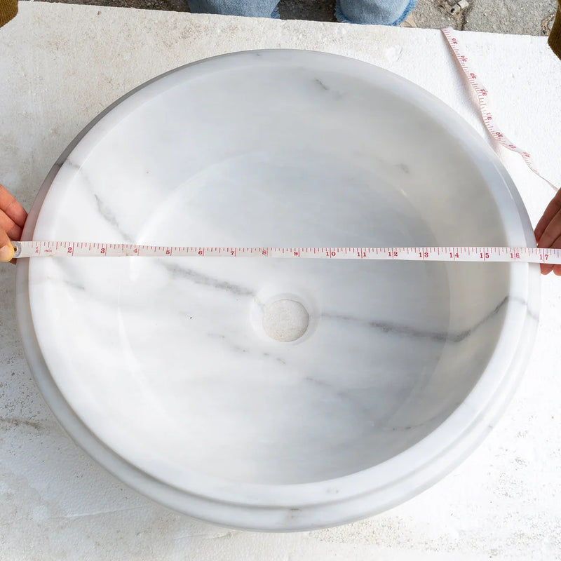 Carrara White Marble Natural Stone Waterfall Drop-in or Above Vanity Sink (D)17" (H)6" diameter measure view