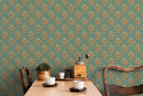 Art Deco Wallpaper with a Fan Motif in Green, Gold, and Black - D053