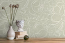 Minimalist Scribbled Line Art Floral Wallpaper in Sage Green and White - D055