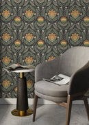 Floral Wallpaper with a Victorian Damask Motif in Green, Yellow, and Charcoal - D062
