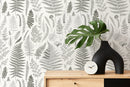 Botanical Wallpaper with a Vintage Fern Motif in Greige and Off-White - D066