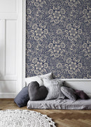 Floral Wallpaper with an Intricate Folk Art Motif in Blue and Beige - D068