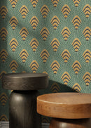 Art Deco Wallpaper with a Fan Motif in Green, Gold, and Black - D053