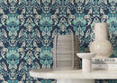 Damask Wallpaper with an Intricate Scroll Motif in Navy Blue, Teal, and Cream - D097