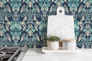 Damask Wallpaper with an Intricate Scroll Motif in Navy Blue, Teal, and Cream - D097