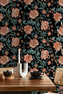 Vintage Floral Wallpaper with Baroque Blooms in Black, Terracotta, and Teal - D129