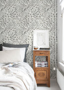 Botanical Wallpaper with a Hand-Drawn Wildflower Motif in Black and Cream - D145