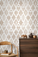 Botanical Wallpaper Featuring Stylized Folk Art Leaves in Beige - D182