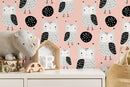 Nursery Wallpaper with Owl Motif in Coral, Gray, and Black - D106