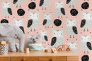 Nursery Wallpaper with Owl Motif in Coral, Gray, and Black - D106
