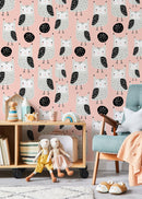 Nursery Wallpaper with Owl Motif in Coral, Gray, and Black - D106