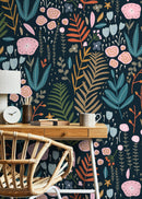 Floral Wallpaper with Whimsical Wildflowers in Pink, Teal, and Orange - D117