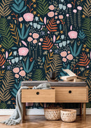 Floral Wallpaper with Whimsical Wildflowers in Pink, Teal, and Orange - D117
