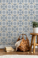 Moroccan Wallpaper with a Traditional Tile Motif in Blue and Brown - D162