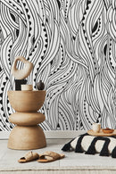 Abstract Wallpaper with Flowing Wavy Lines in Black and White - D176