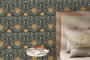 Floral Wallpaper with a Victorian Damask Motif in Green, Yellow, and Charcoal - D062