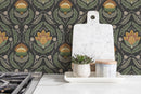 Floral Wallpaper with a Victorian Damask Motif in Green, Yellow, and Charcoal - D062