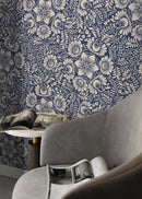 Floral Wallpaper with an Intricate Folk Art Motif in Blue and Beige - D068