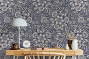 Floral Wallpaper with an Intricate Folk Art Motif in Blue and Beige - D068