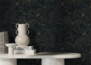 Victorian Wallpaper with Intricate Floral Scrolls in Black and Gold - D081