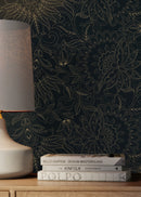 Victorian Wallpaper with Intricate Floral Scrolls in Black and Gold - D081