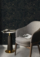 Victorian Wallpaper with Intricate Floral Scrolls in Black and Gold - D081