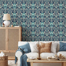 Damask Wallpaper with an Intricate Scroll Motif in Navy Blue, Teal, and Cream - D097