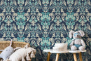 Damask Wallpaper with an Intricate Scroll Motif in Navy Blue, Teal, and Cream - D097