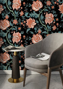 Vintage Floral Wallpaper with Baroque Blooms in Black, Terracotta, and Teal - D129