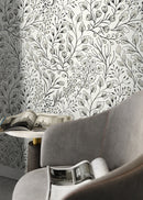 Botanical Wallpaper with a Hand-Drawn Wildflower Motif in Black and Cream - D145