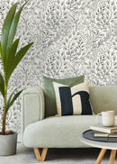 Botanical Wallpaper with a Hand-Drawn Wildflower Motif in Black and Cream - D145