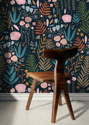 Floral Wallpaper with Whimsical Wildflowers in Pink, Teal, and Orange - D117
