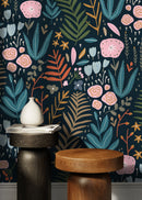 Floral Wallpaper with Whimsical Wildflowers in Pink, Teal, and Orange - D117
