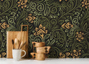 Art Nouveau Wallpaper with Swirling Floral Vines in Green, Gold, and Black - D159