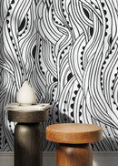 Abstract Wallpaper with Flowing Wavy Lines in Black and White - D176