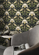 Vintage Wallpaper with a Floral Damask Motif in Green, Beige, and Black - D238