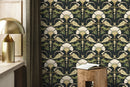 Vintage Wallpaper with a Floral Damask Motif in Green, Beige, and Black - D238