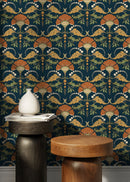 Art Nouveau Wallpaper with a Stylized Floral Motif in Orange, Gold, and Green - D239